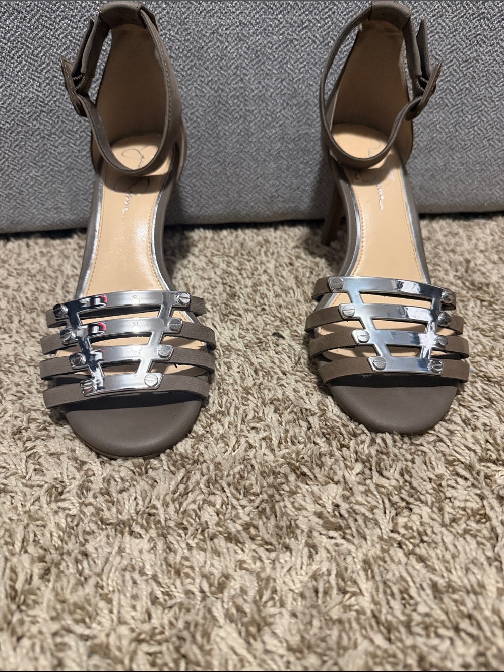 Jessica Simpson Taupe Heeled Sandals with Silver Accent
